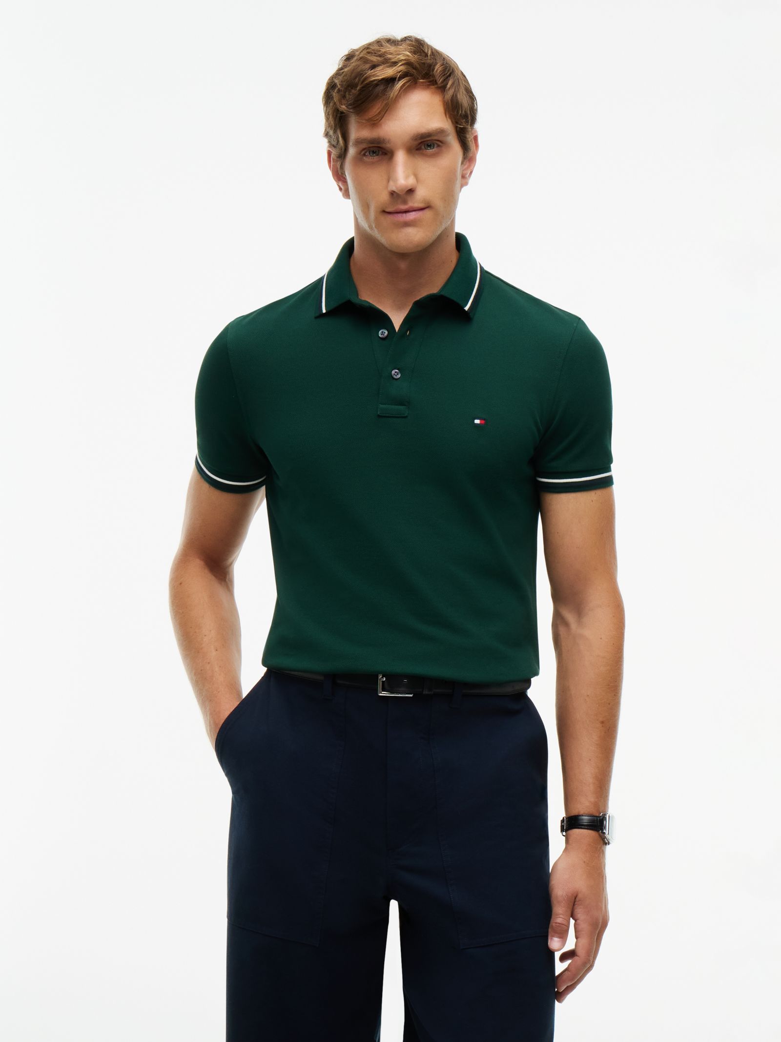 Tommy Hilfiger slim fit piqué poloshirt met streepdetail in groen