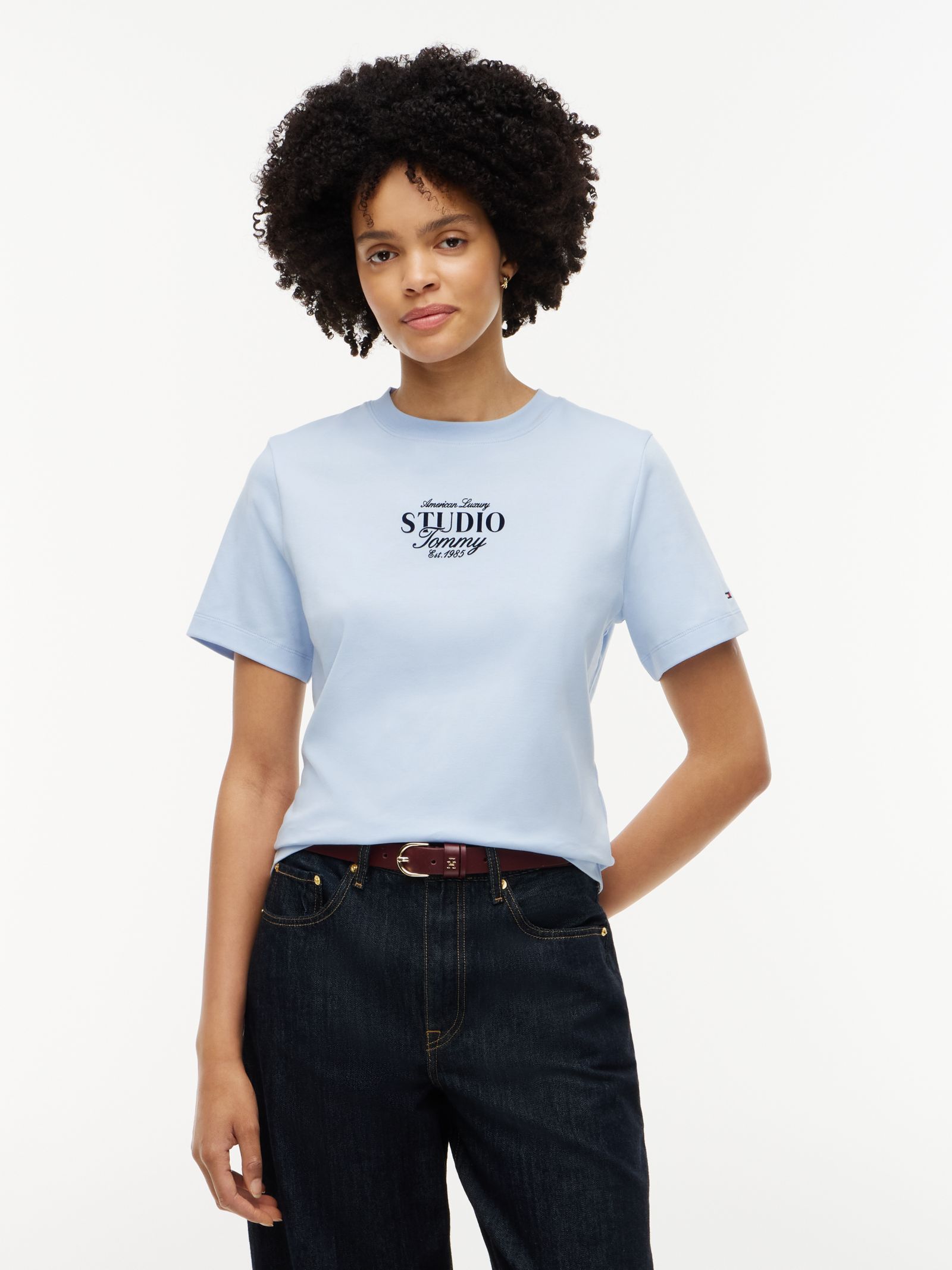Tommy Hilfiger Interlock gebreid T-shirt met logo en ronde hals in blauw
