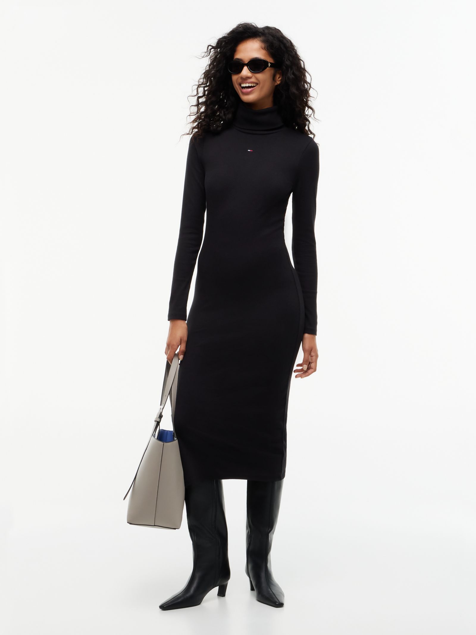 Tommy Jeans Geribde midi bodycon jurk met col in zwart