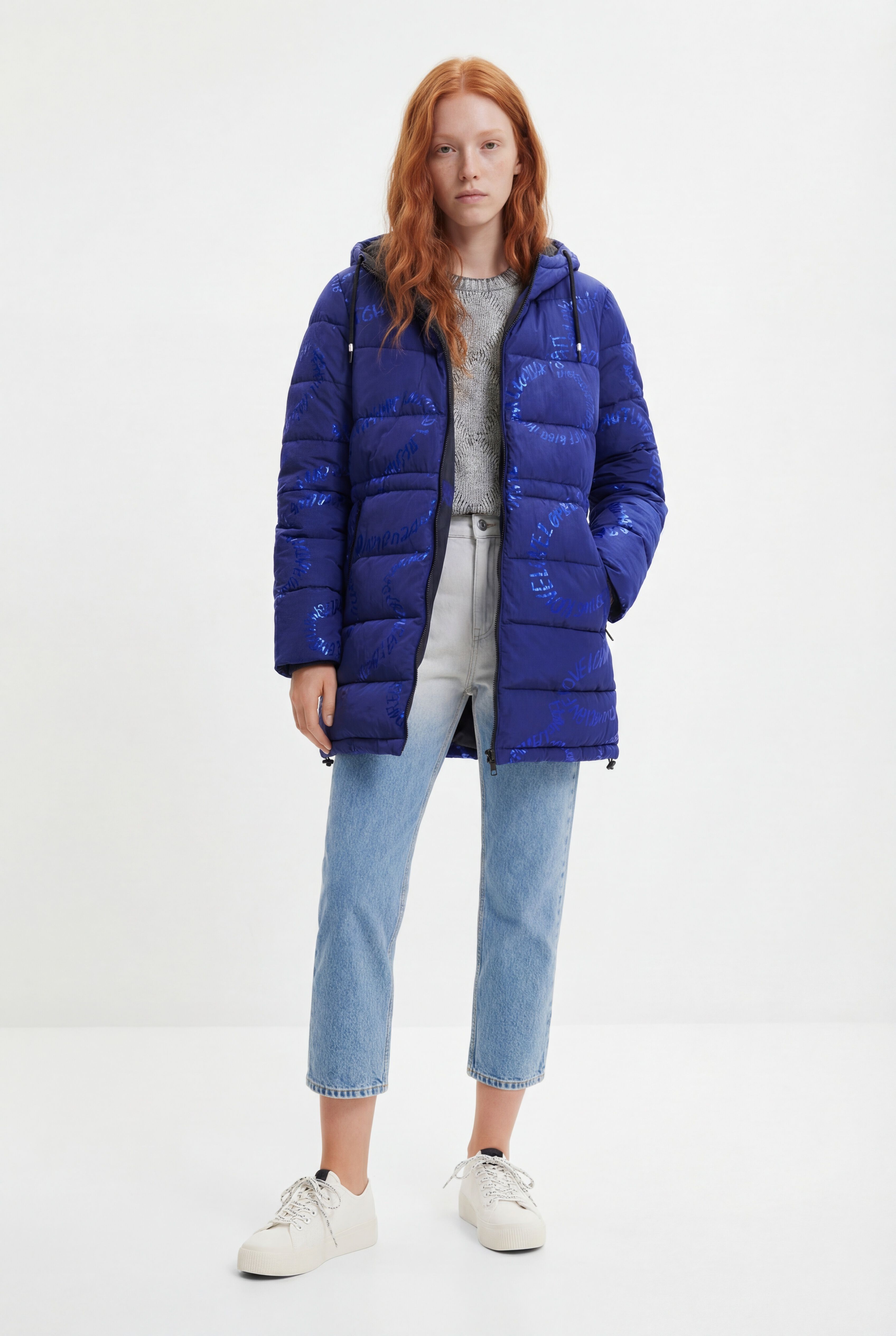 Desigual Lange gewatteerde jas met tekst in blauw