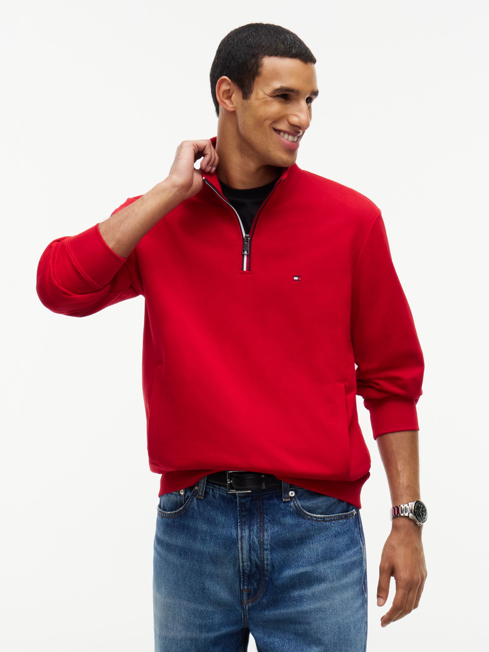 Tommy Hilfiger Terry sweatshirt met signature streep en kwartrits in rood