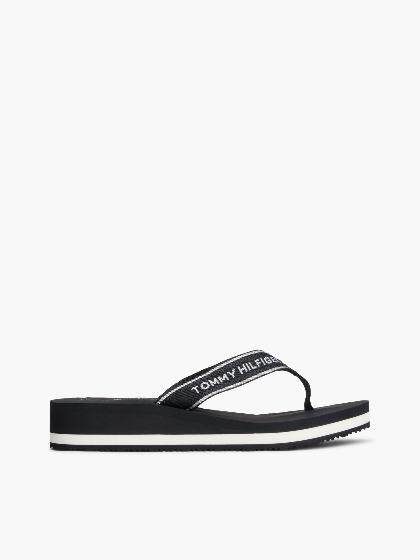 Tommy Hilfiger Teenslipper met sleehak en webbing bandjes met logo in zwart