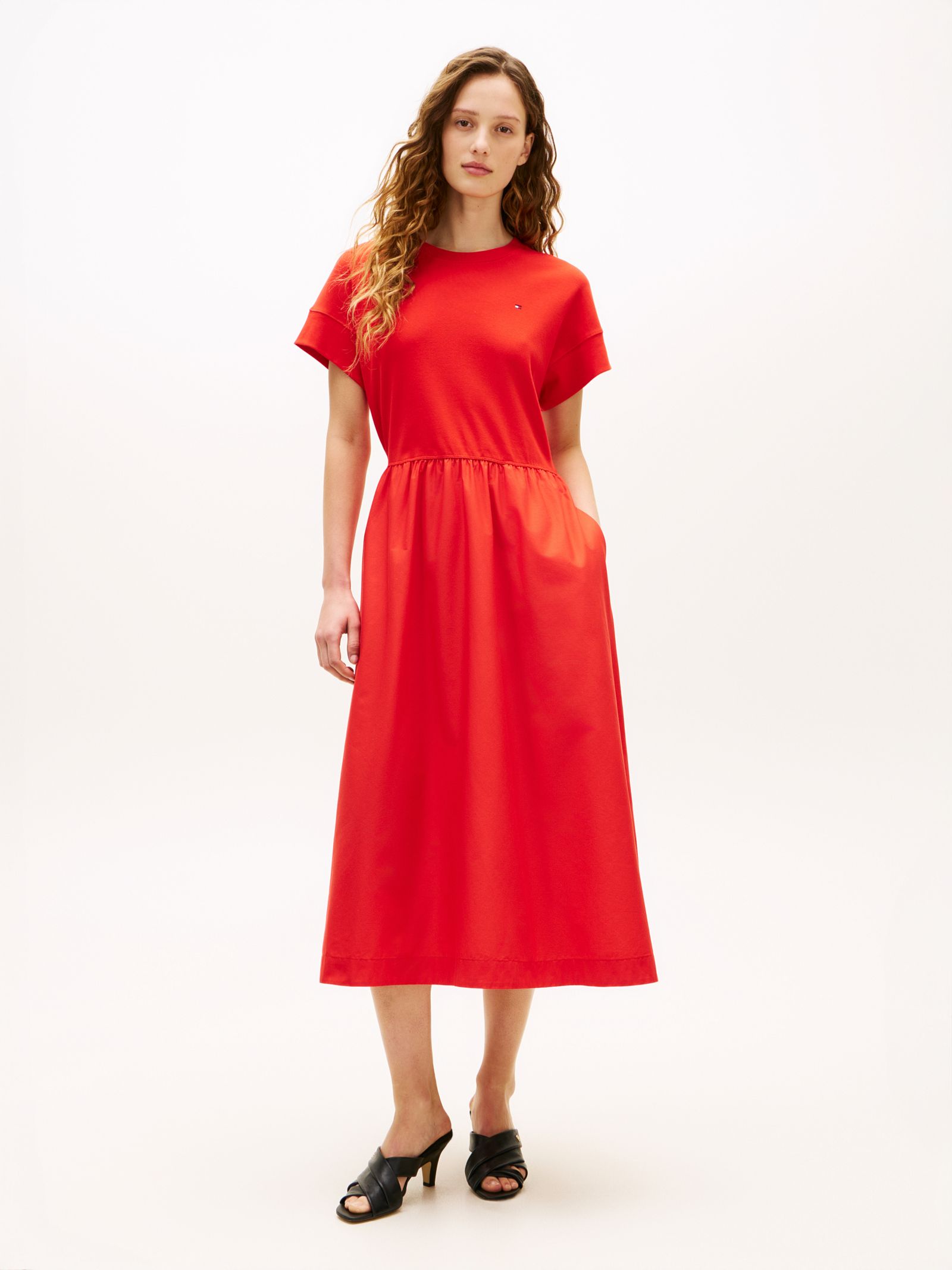 Tommy Hilfiger Fit and flare midi jurk met textuurcontrast in rood