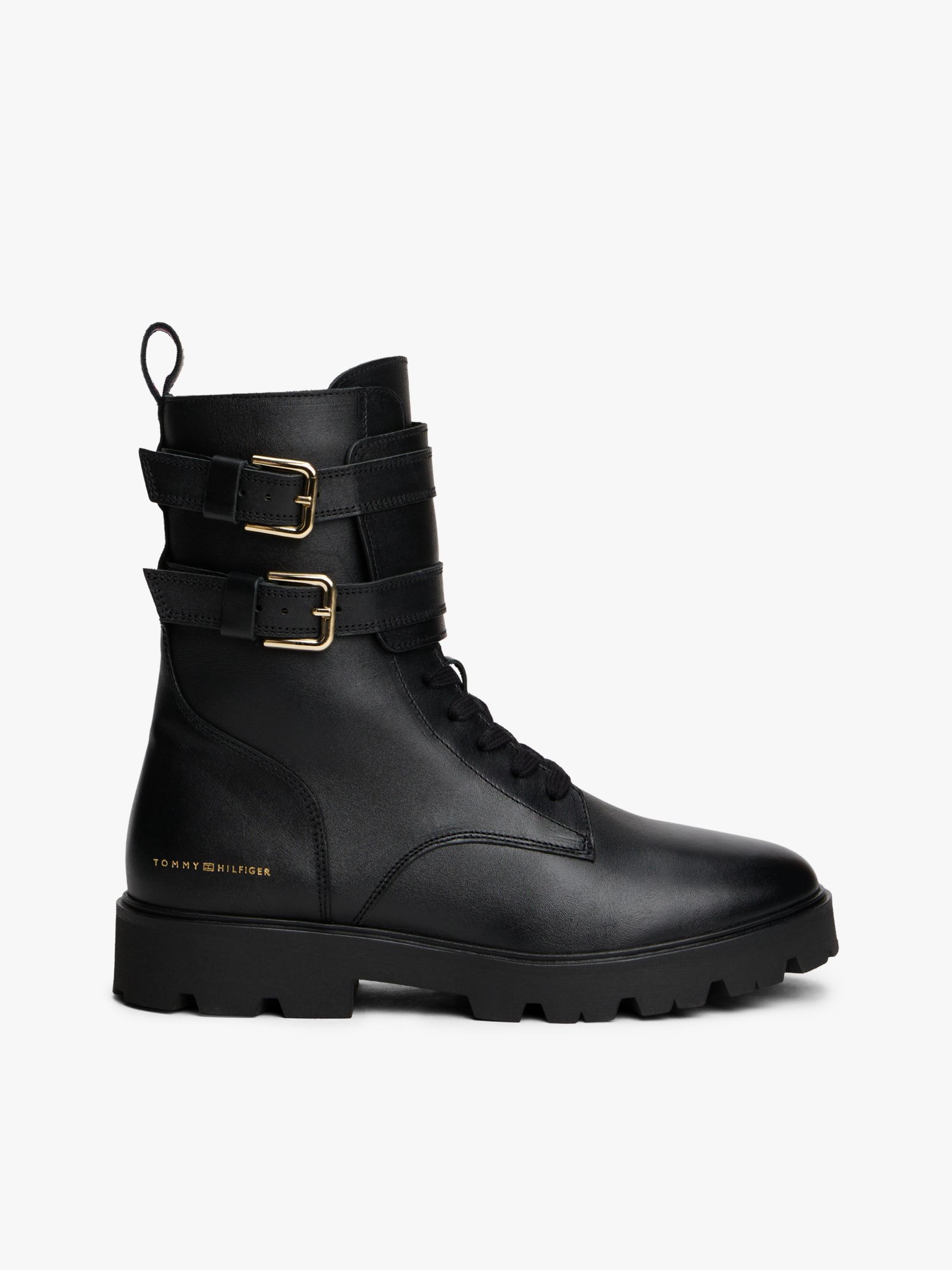Tommy Hilfiger Leren bikerlaars met profielzool en logo in zwart