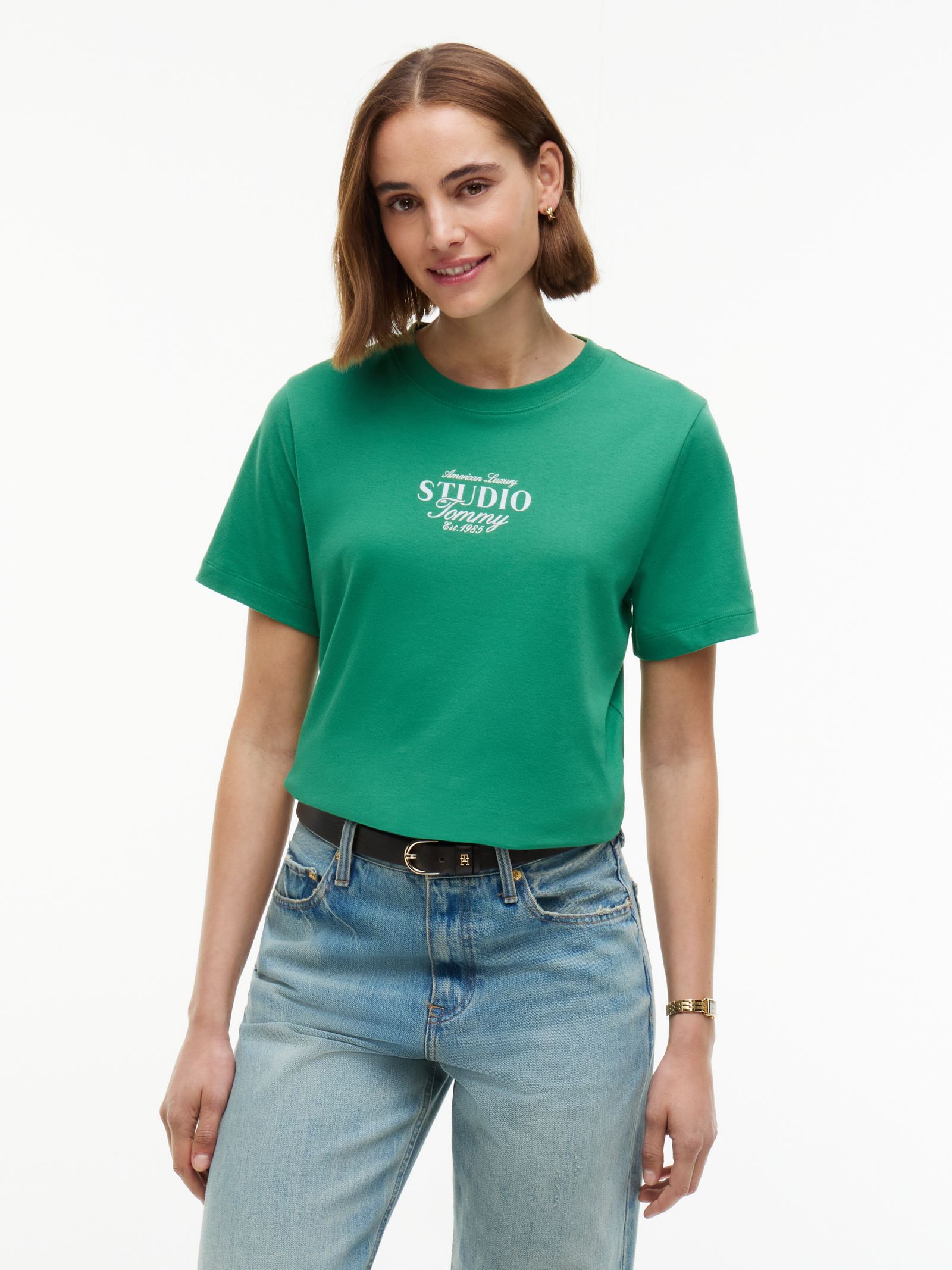 Tommy Hilfiger Interlock gebreid T-shirt met logo en ronde hals in groen
