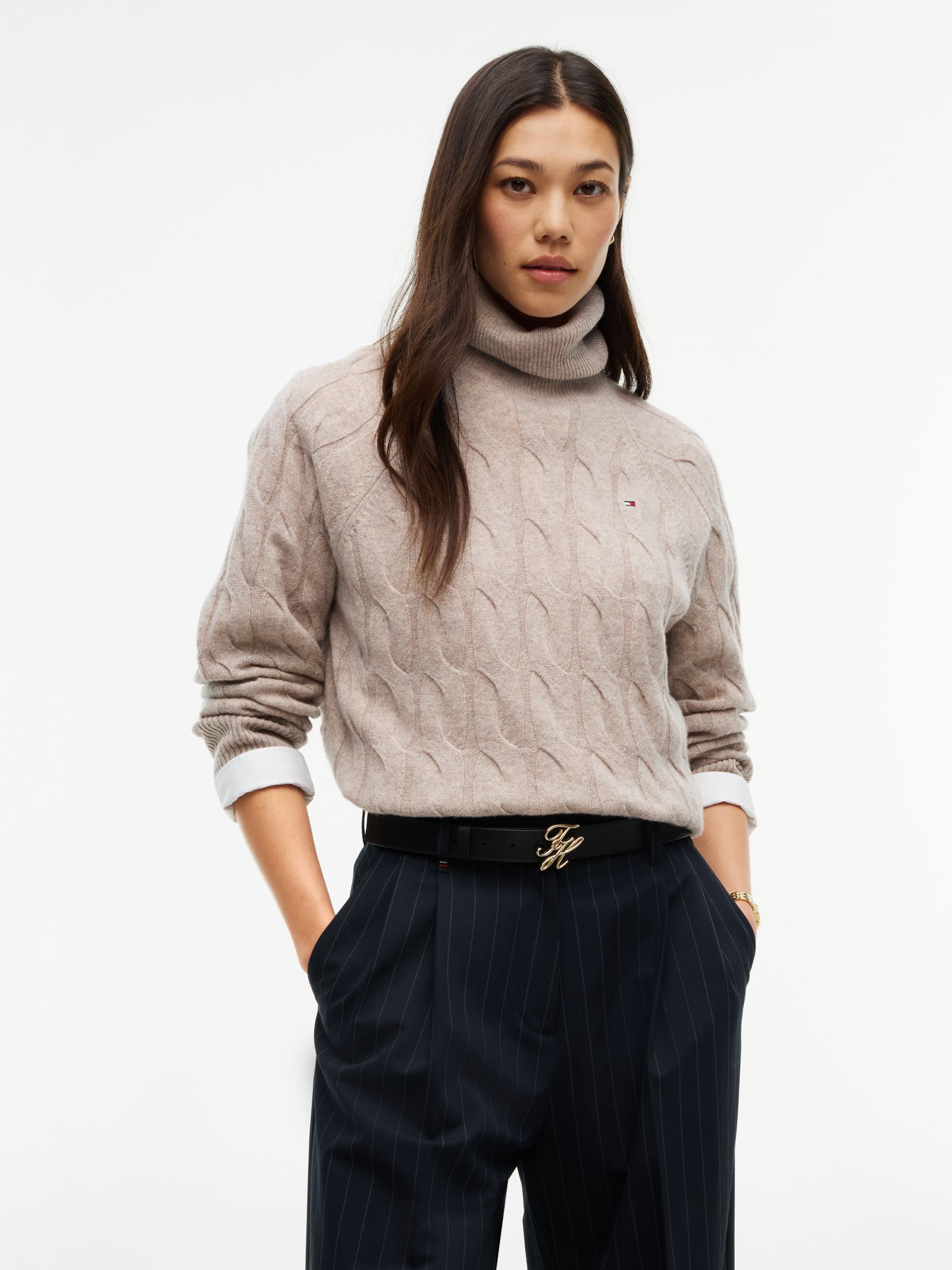 Tommy Hilfiger Kabelgebreide coltrui van zuivere wol in beige
