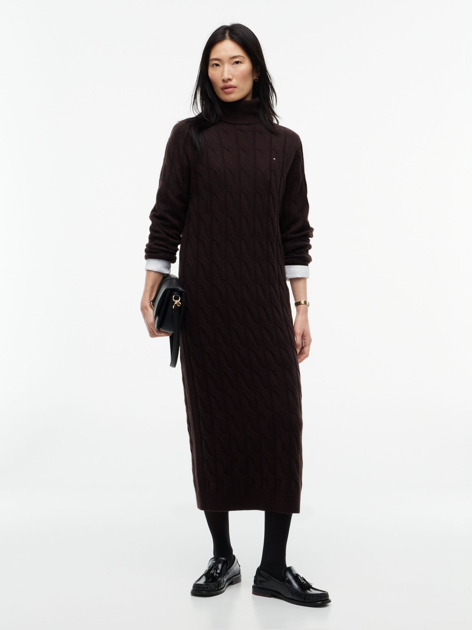Tommy Hilfiger Kabelgebreide sweaterjurk van zuivere wol in bruin