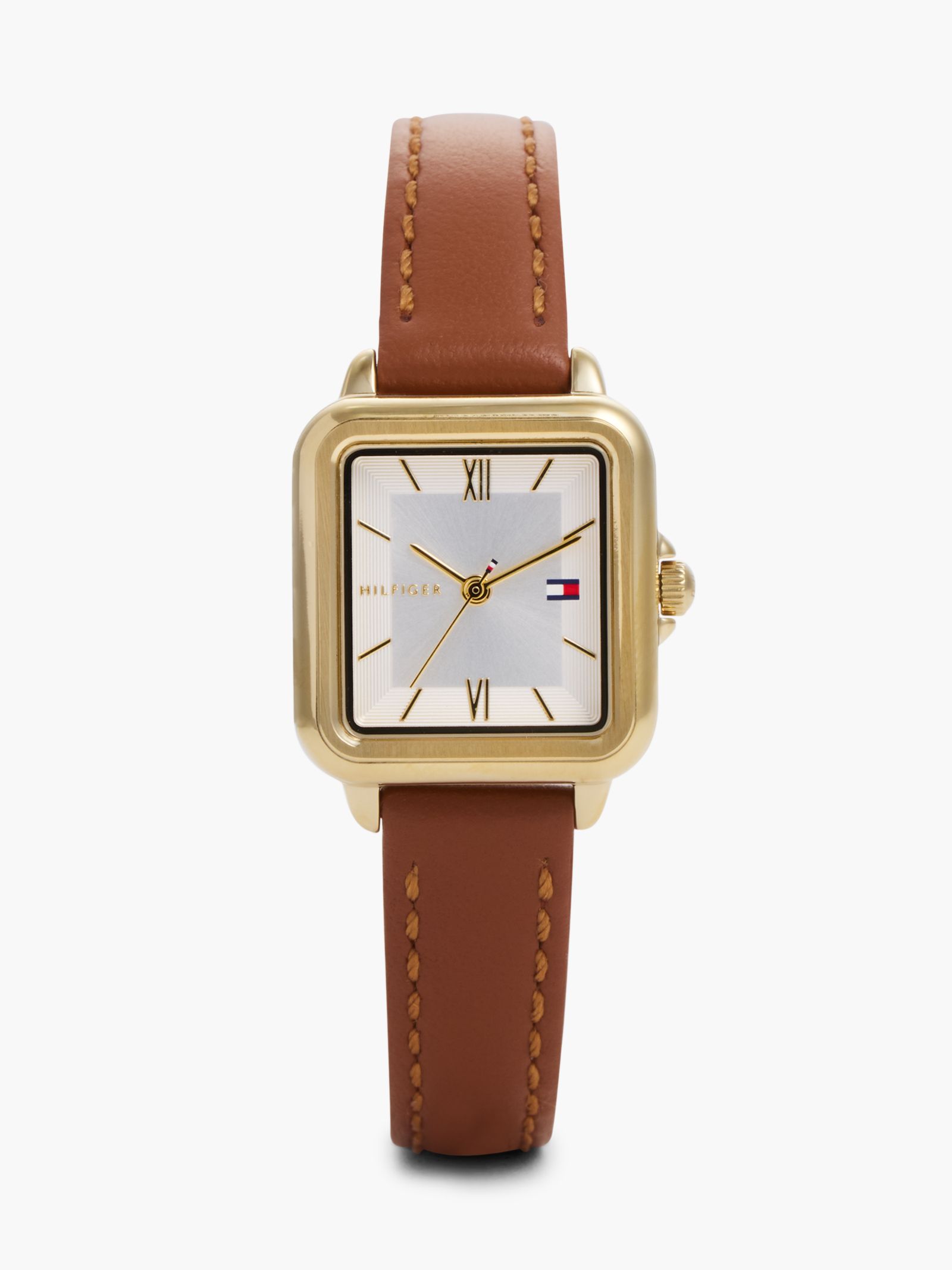 Tommy Hilfiger Verguld rechthoekig horloge met leren bandje