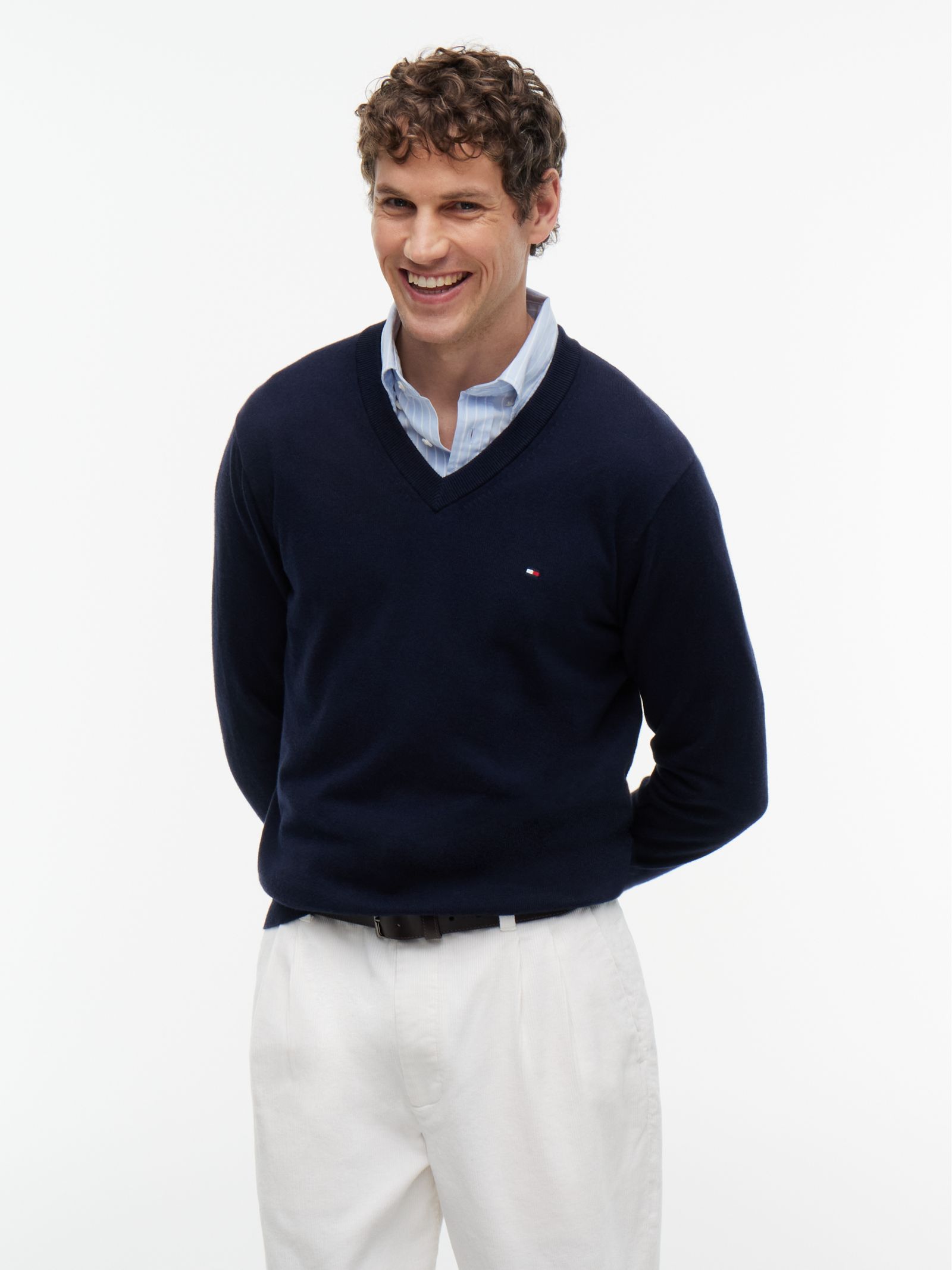 Tommy Hilfiger Trui met V Hals en kasjmier in marine