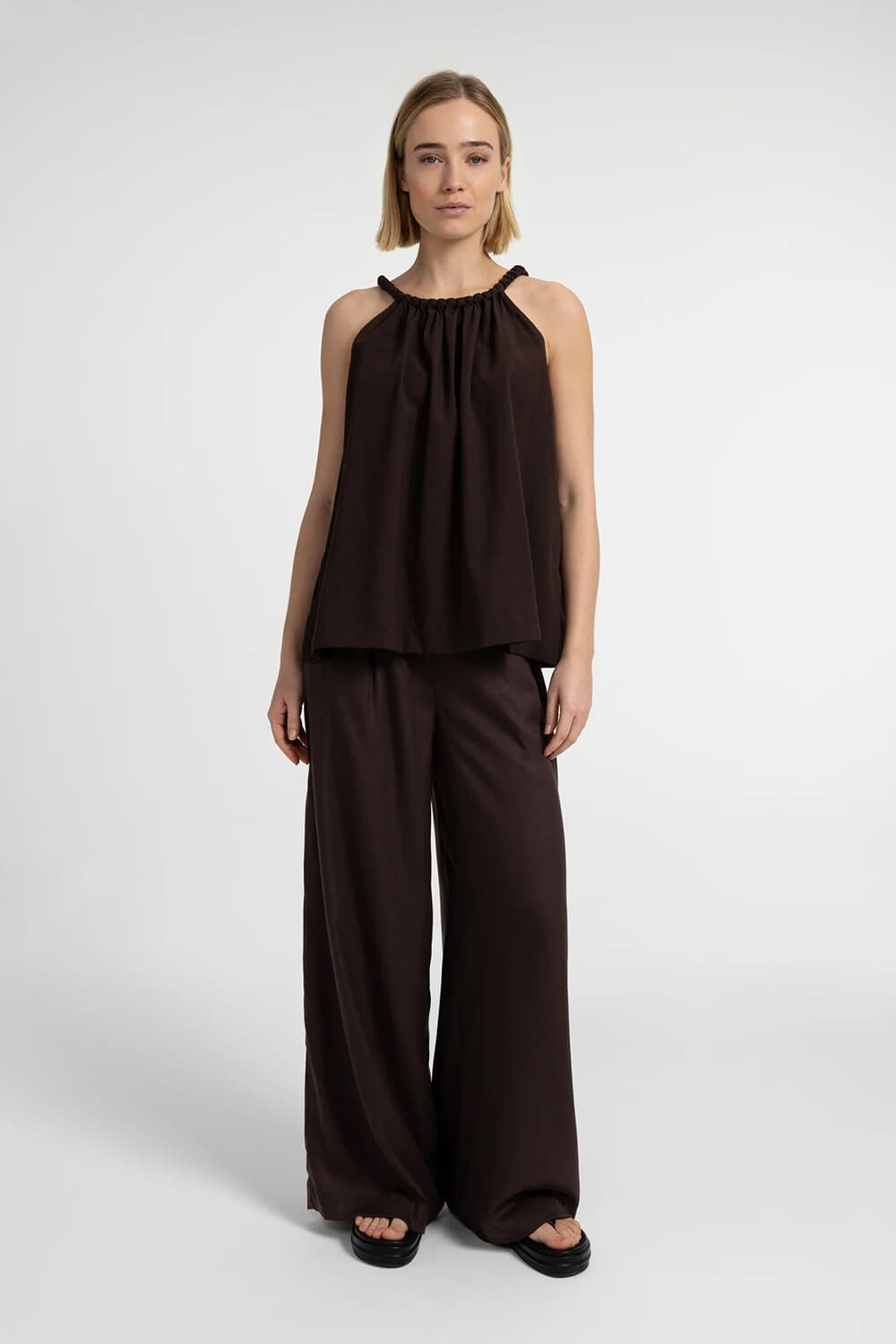Yaya Wijde broek met deels elastisc Bruin dames