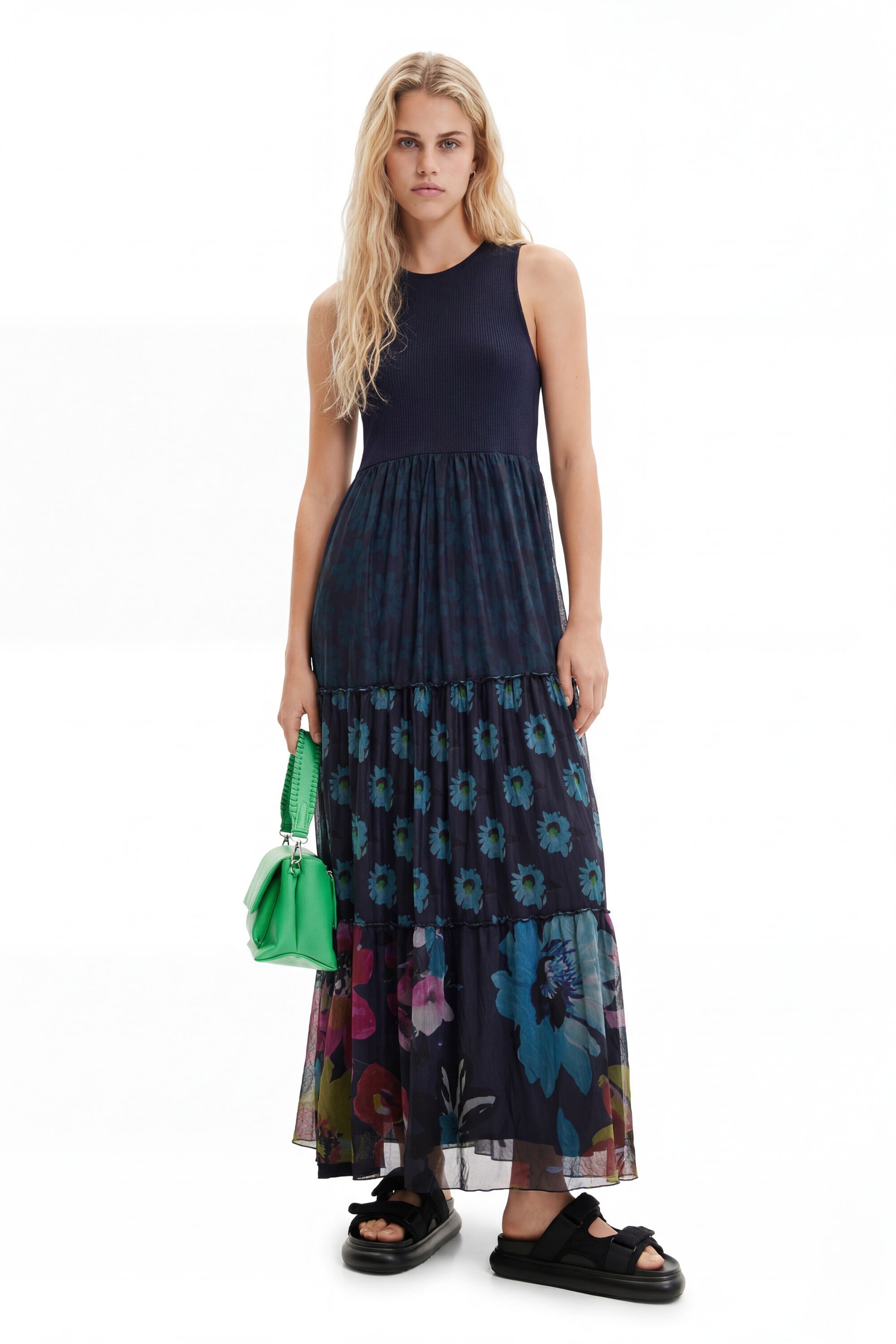 Desigual Lange gecombineerde jurk met tule in marine