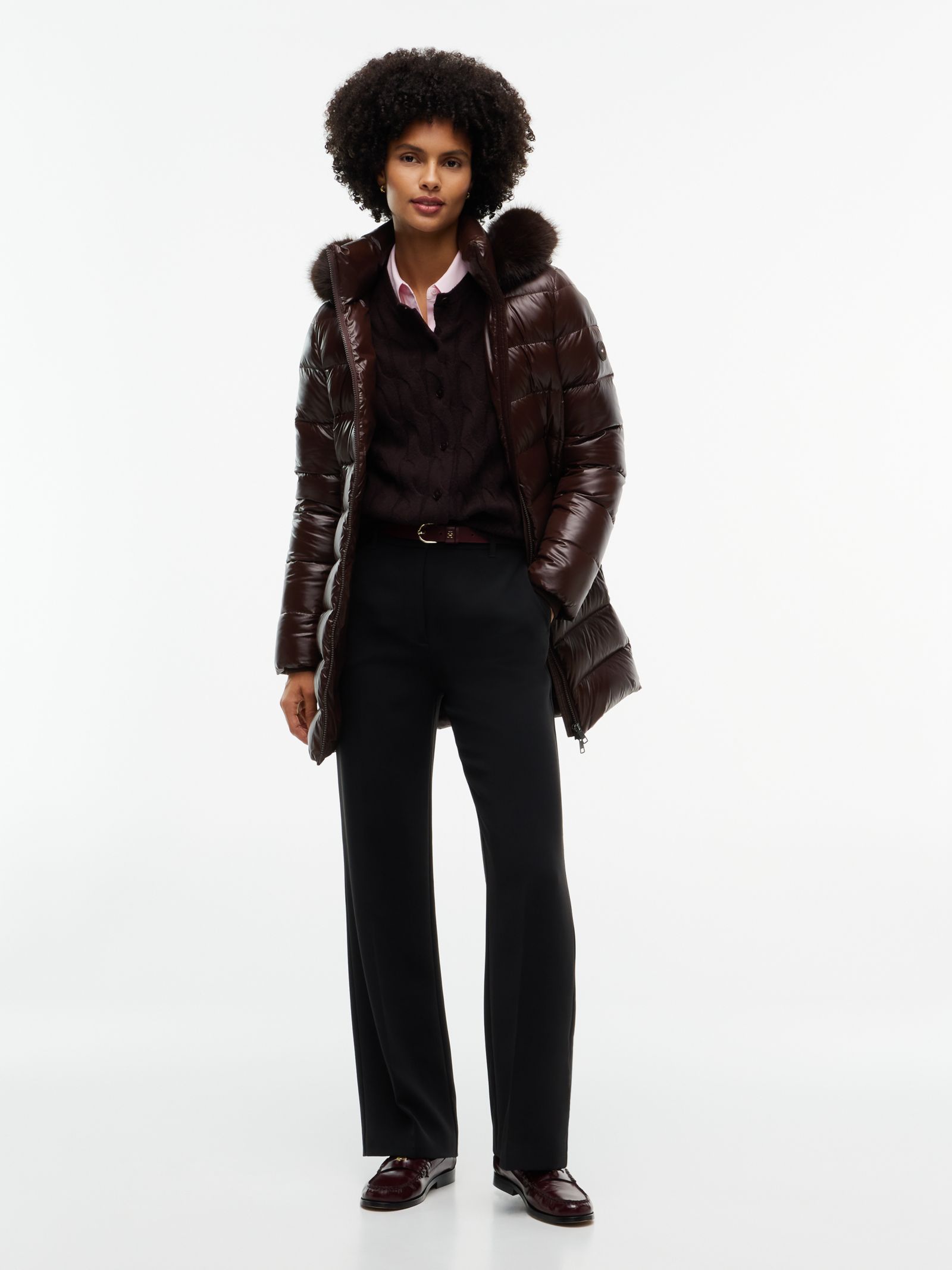 Tommy Hilfiger glanzende donsjas met capuchon van imitatiebont in bruin