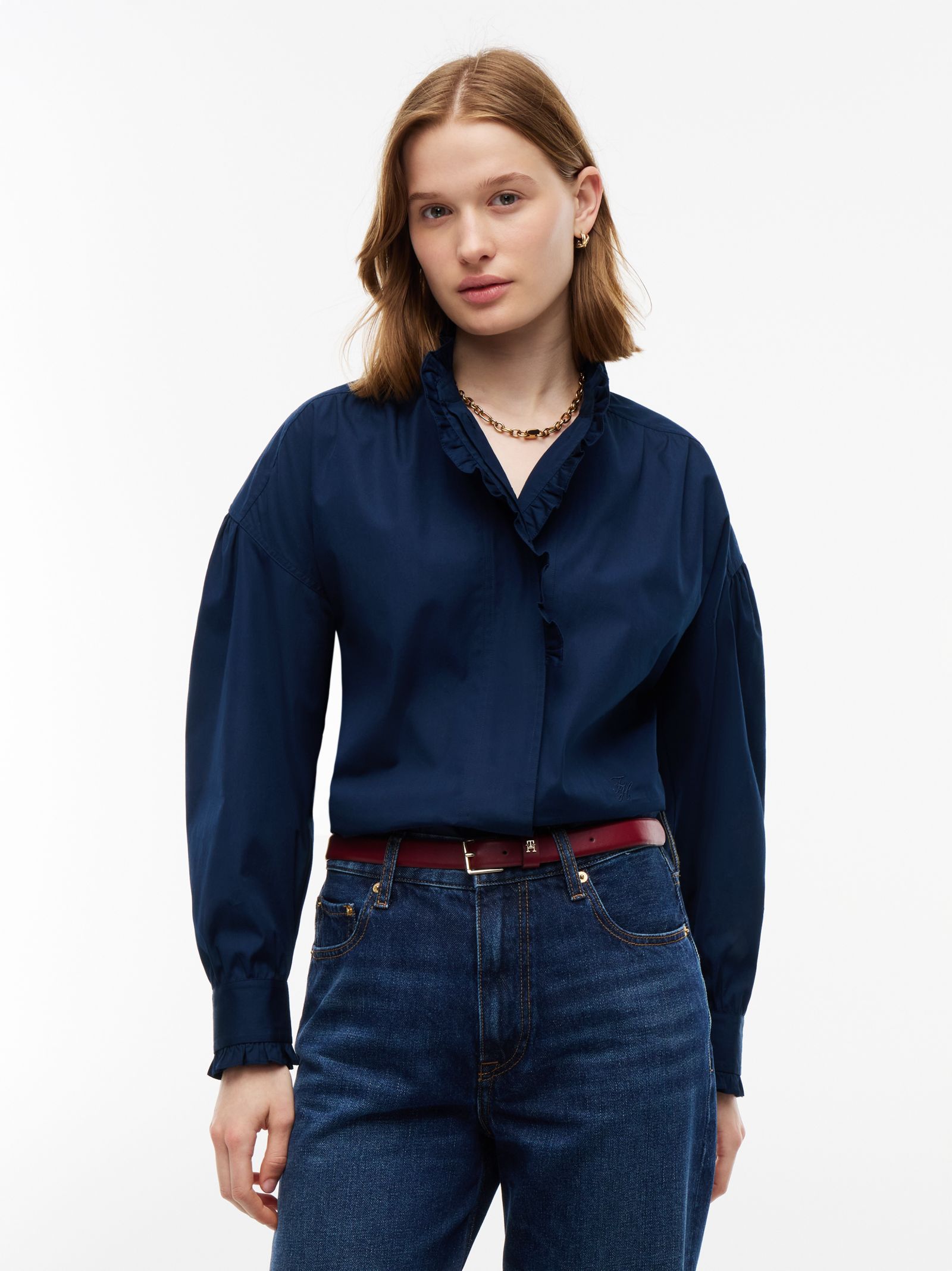 Tommy Hilfiger Oversized fit poplin overhemd met ruches en kraag in marine