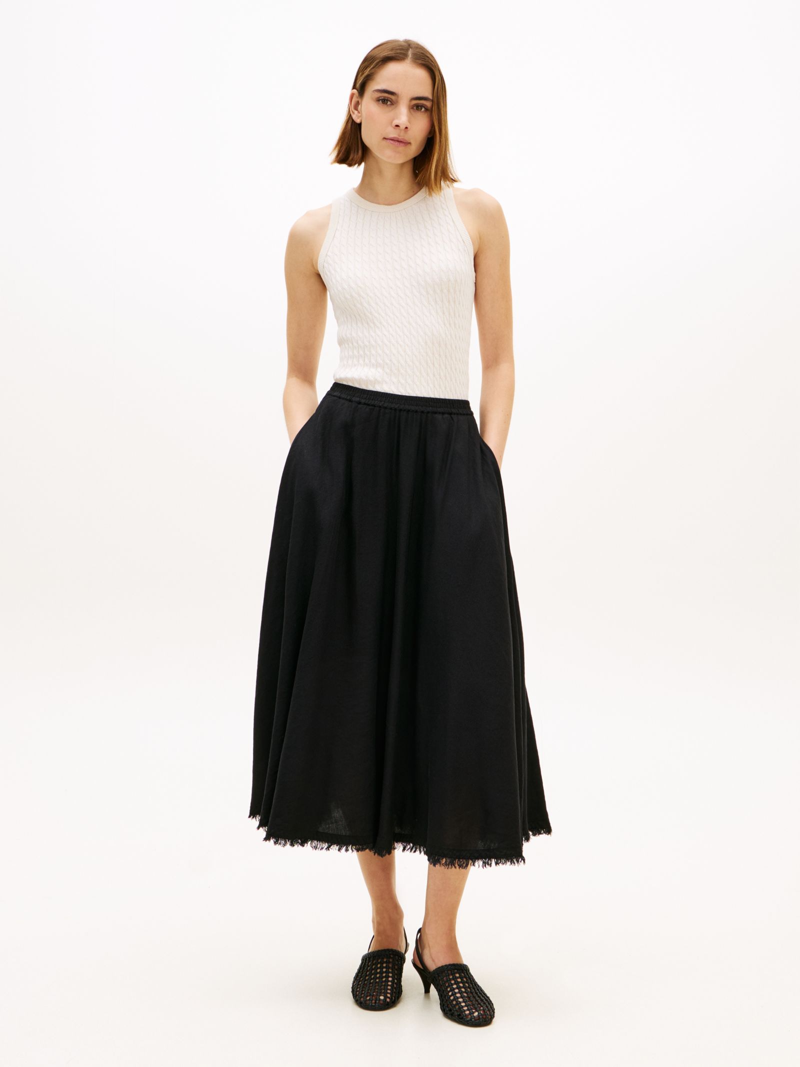 Tommy Hilfiger A line midi rok van linnenmix met plooien in zwart