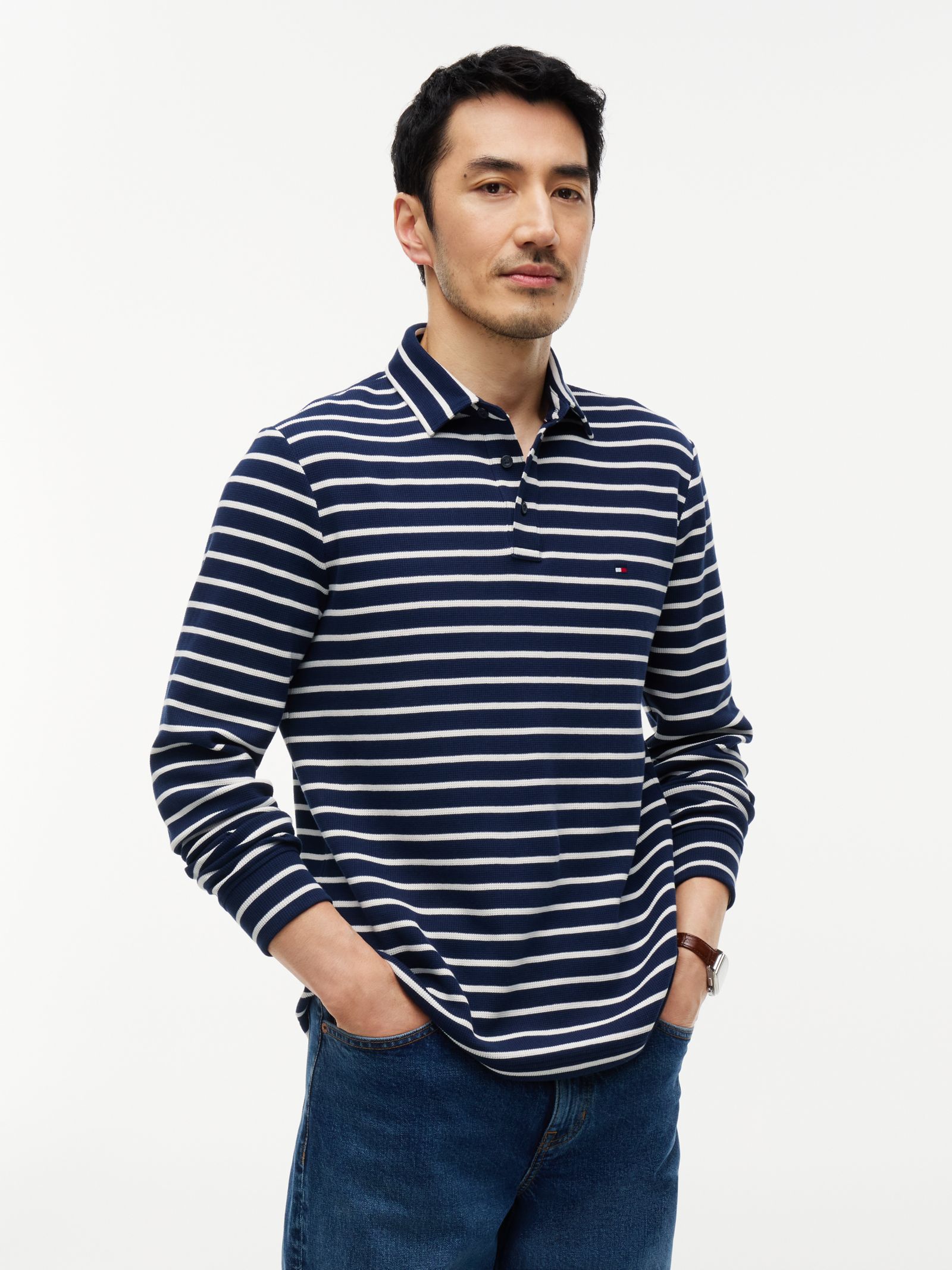 Tommy Hilfiger Regular longsleeve polo met wafelsteek in marine