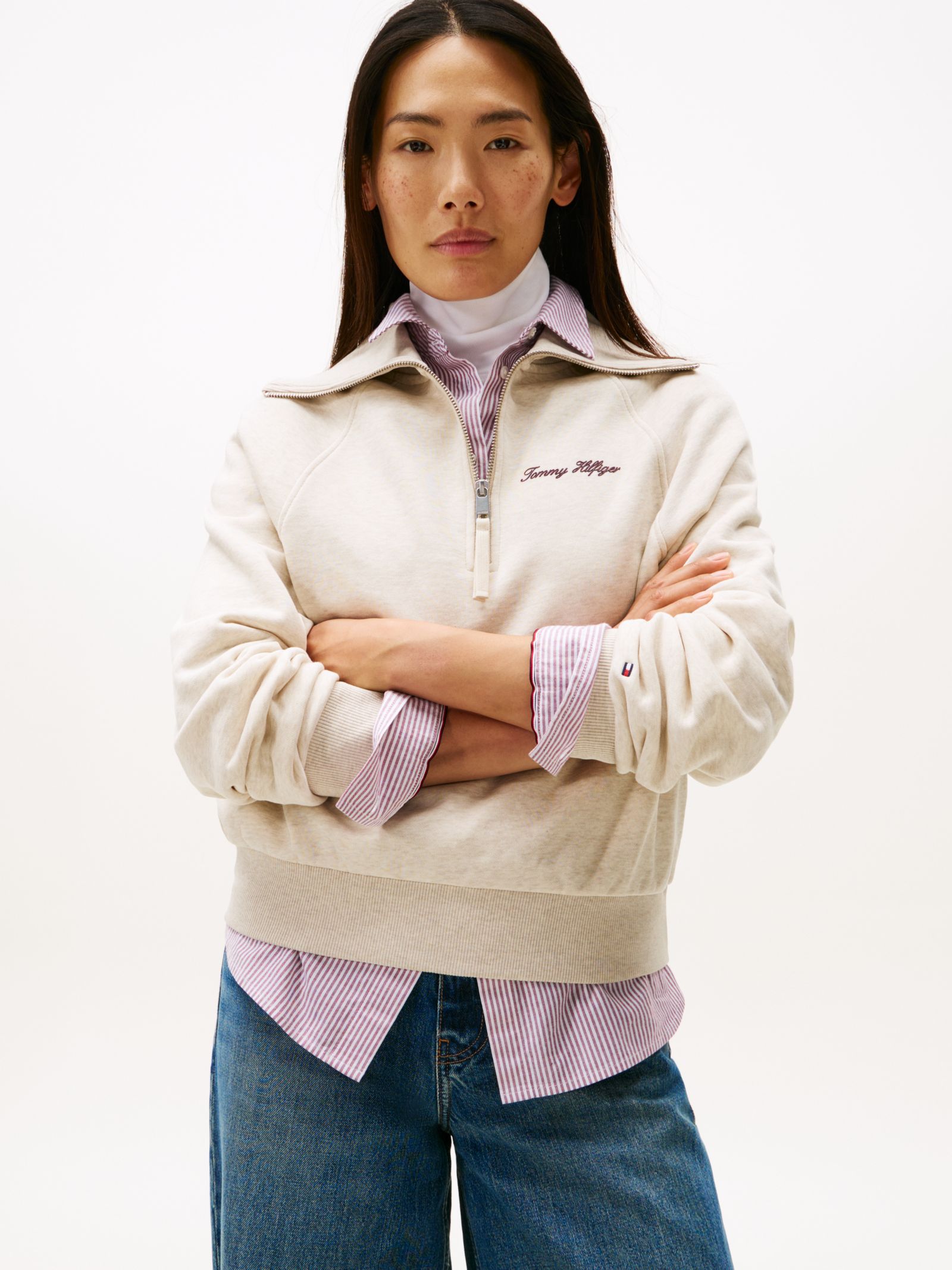 Tommy Hilfiger Interlock fleece sweatshirt met quarter zip in beige