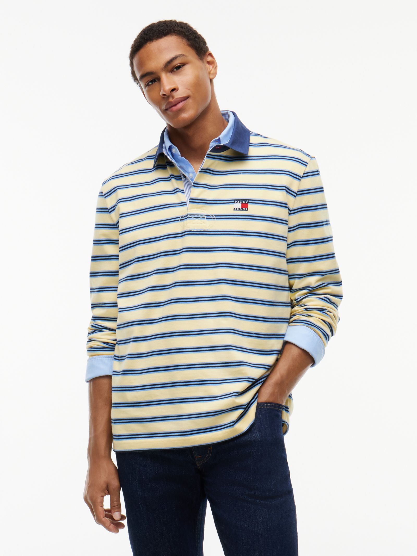 Tommy Jeans relaxed gestreept rugbyshirt met Tommy Badge in geel
