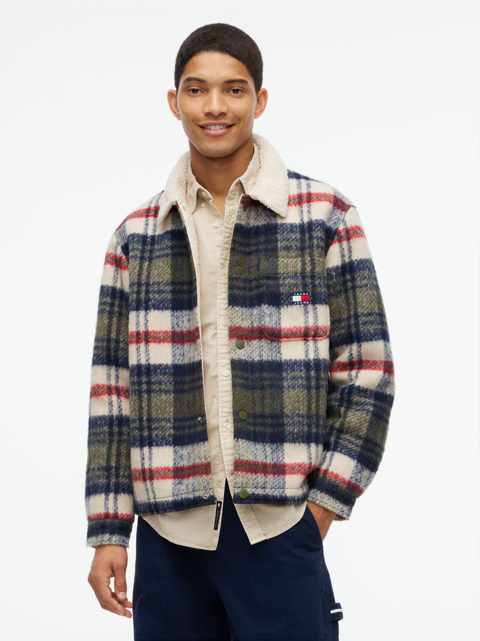 Tommy Jeans Oversized shirtjack van geborsteld flanel met teddy kraag in multicolor