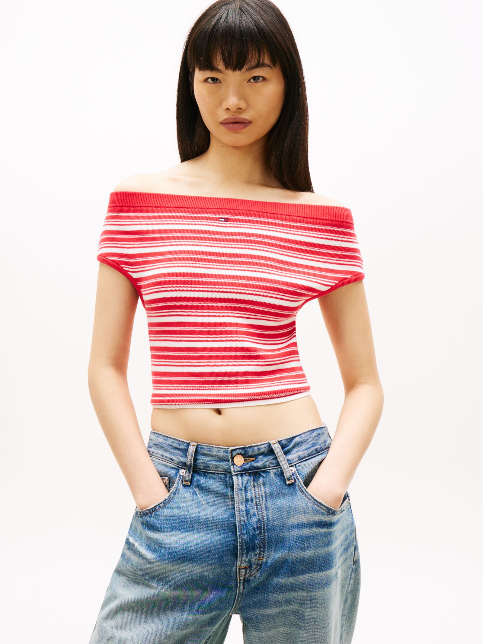 Tommy Jeans Slim fit off shouldertrui met strepen in rood