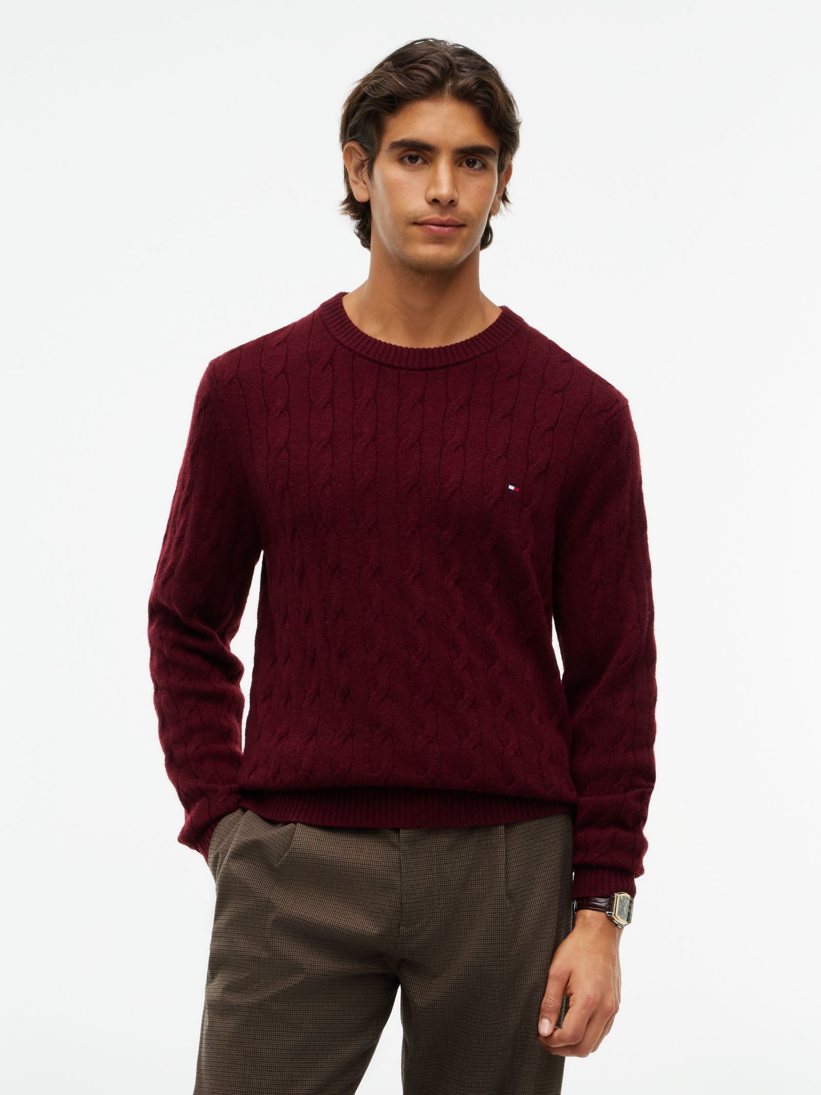 Tommy Hilfiger Kabelgebreide trui van zuivere lamswol in rood