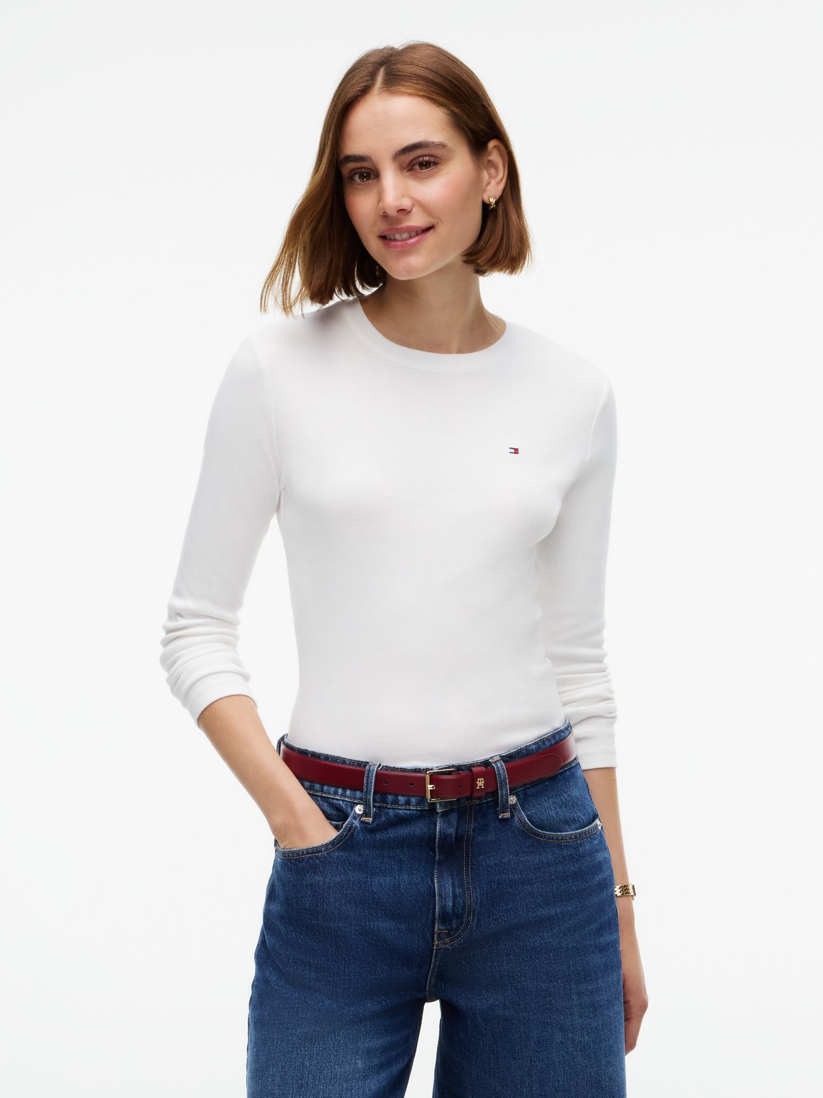 Tommy Hilfiger Geribde longsleeve met geborduurde vlag in wit