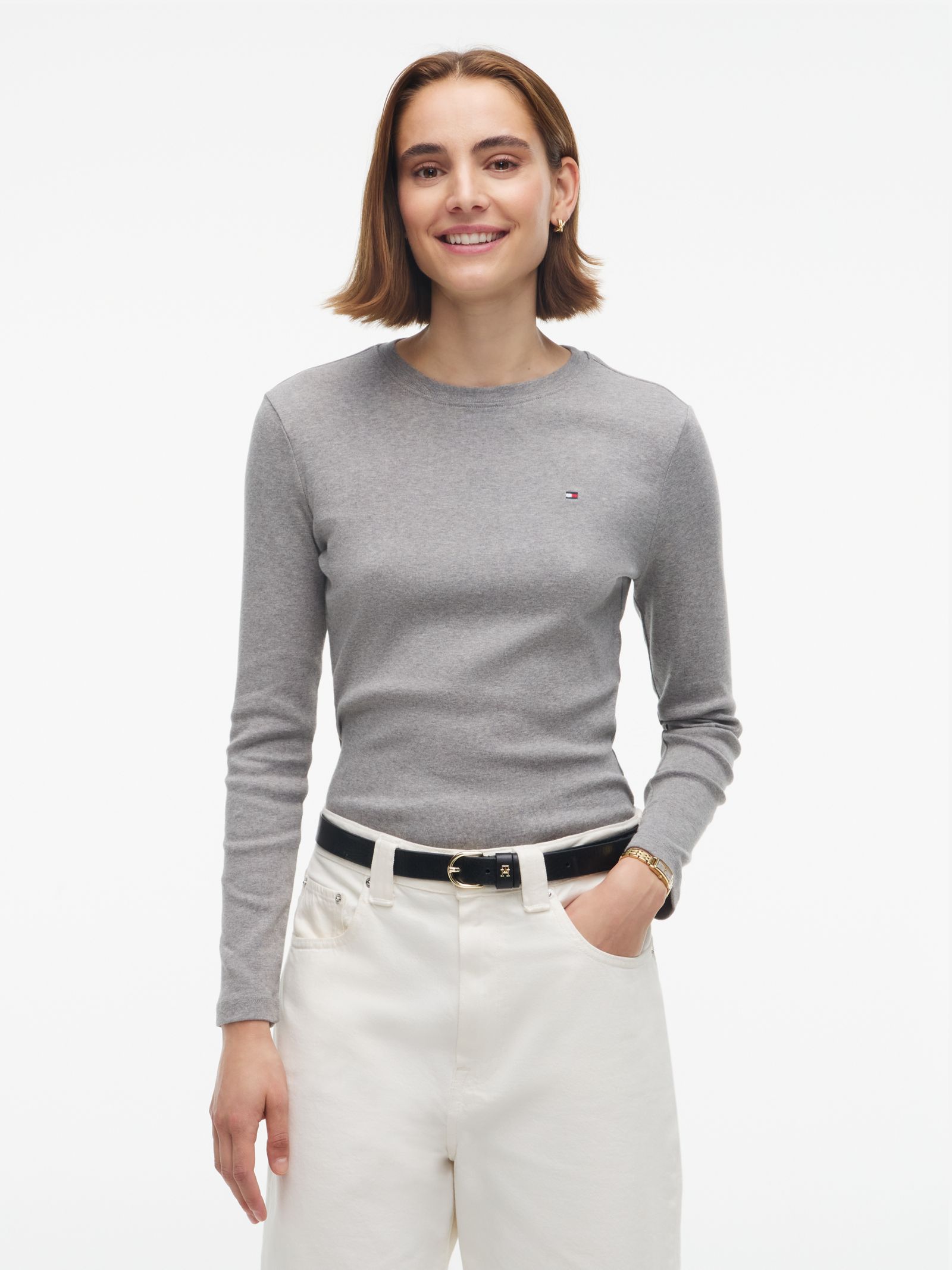Tommy Hilfiger Geribde longsleeve met geborduurde vlag in grijs