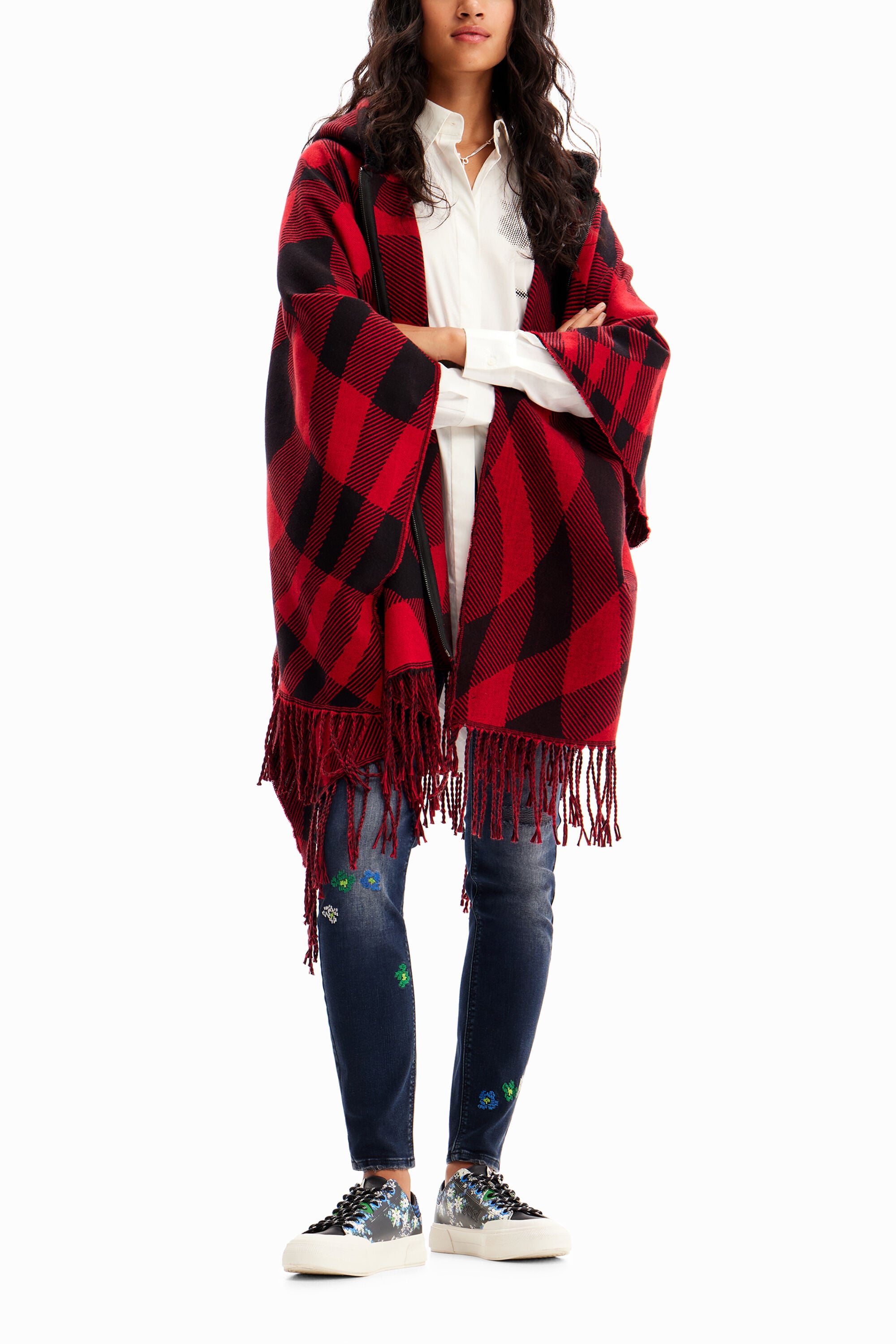 Desigual Geruite poncho met capuchon
