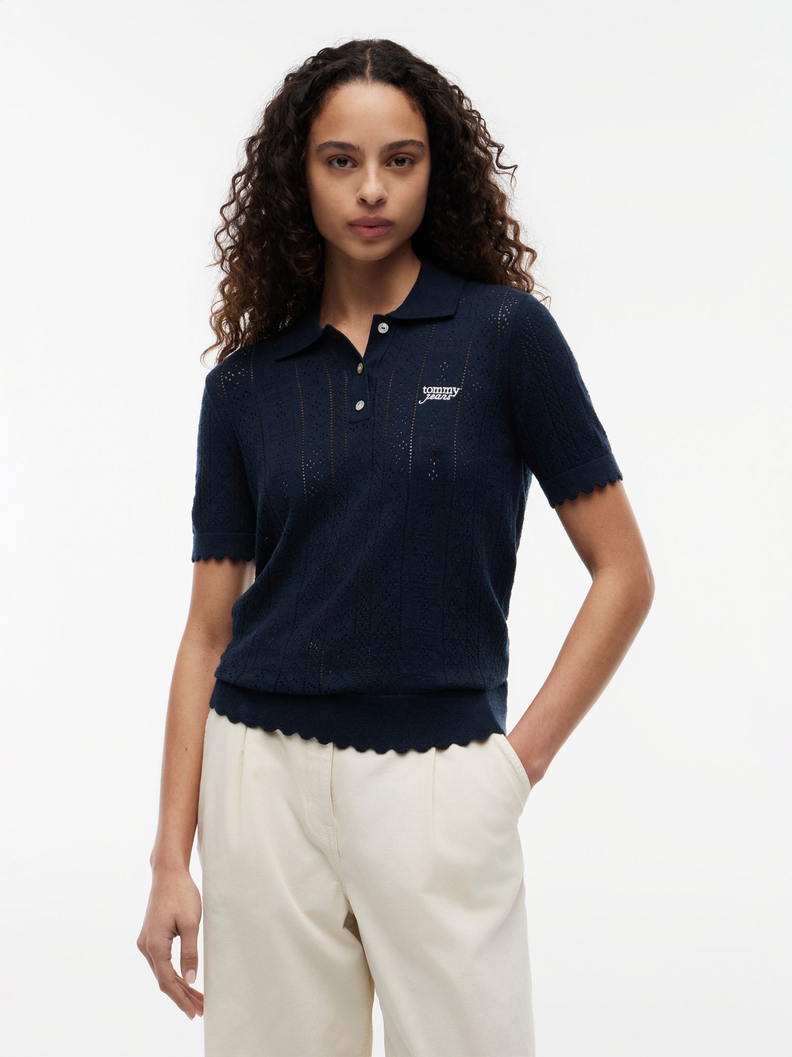 Tommy Jeans Polotrui met pointelle korte mouwen en vlag in marine