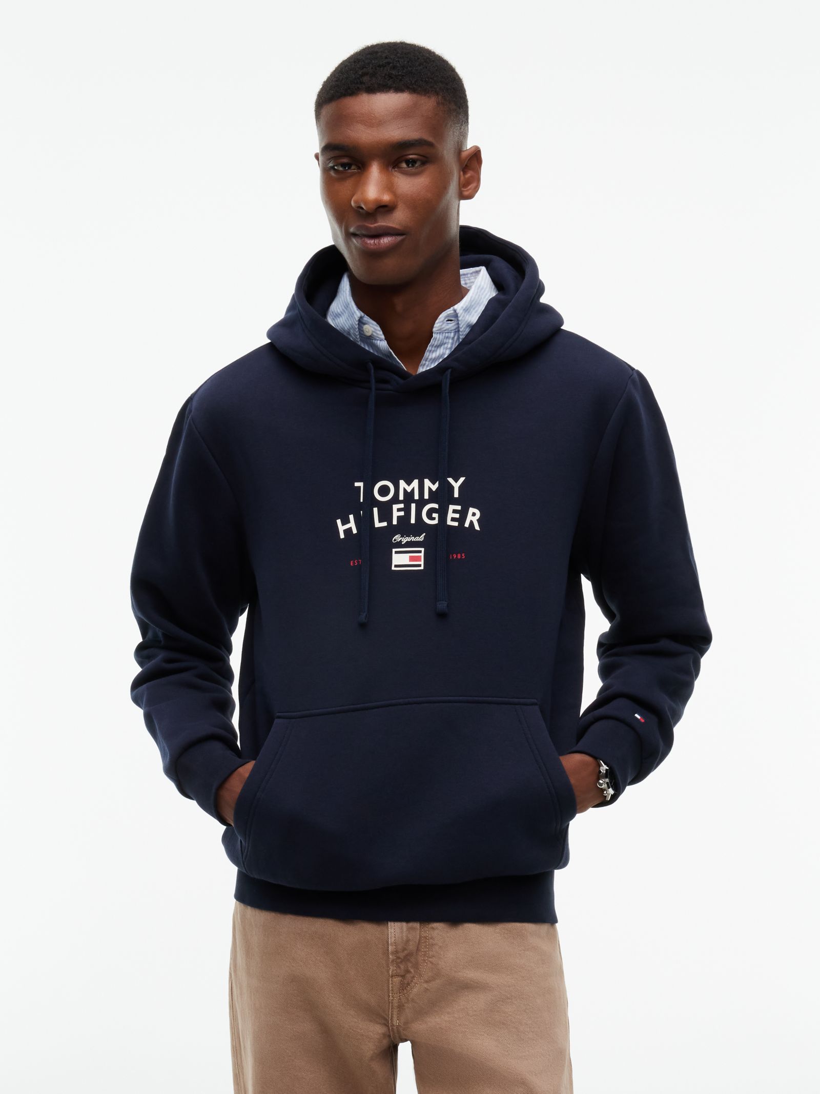 Tommy Hilfiger Fleece hoodie met trekkoord en gebogen logo in marine